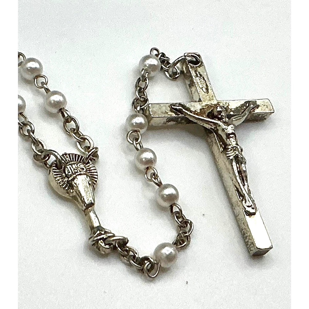 Vintage RR Robyn Rush Pearl Rosary Beads Silver Catholic Crucifix Faith Necklace